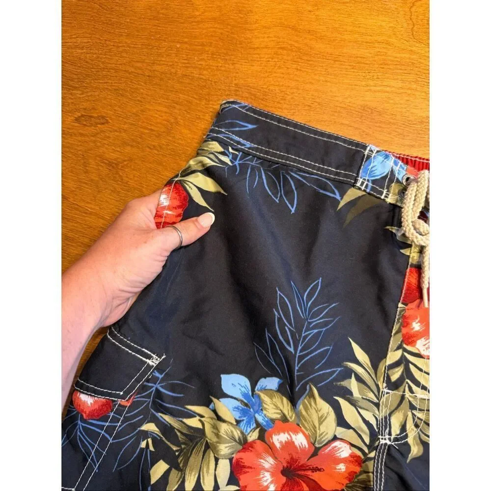 Caribbean Joe Men's Hawaiian Tropical Swim Board Shorts Dark Blue Size Medium